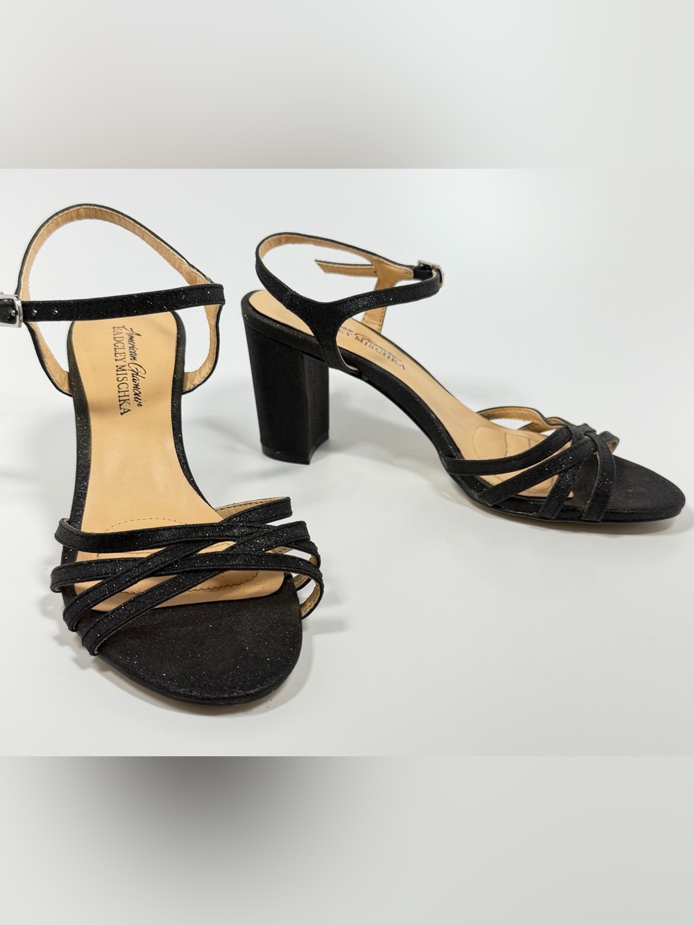 Badgley Mischka American Glamour Black Glitter Strappy Heels Sandals Size 6